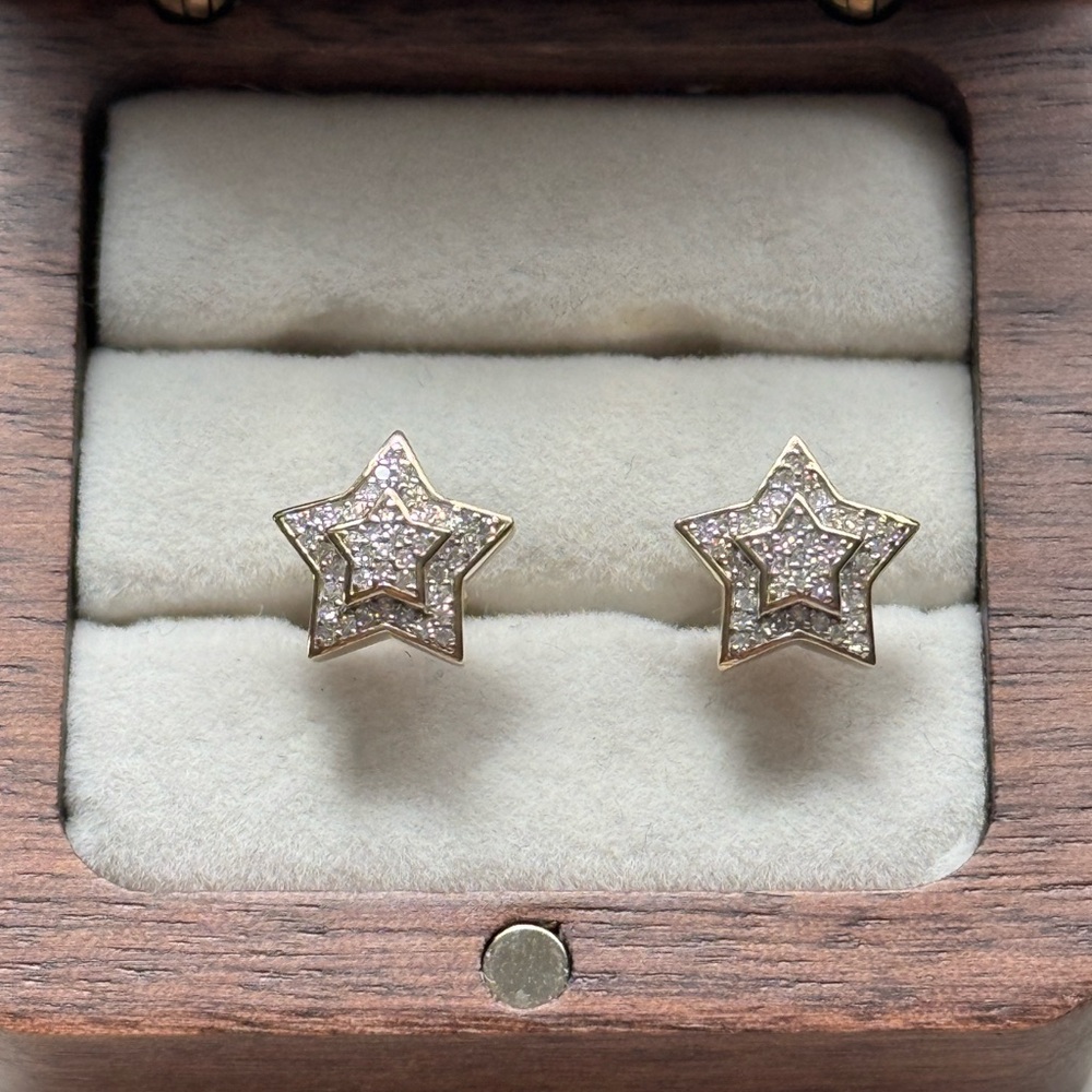 Star-Shaped Pavé Stud Earrings in 10K Gold/ Moissanite stones /secure screw back
